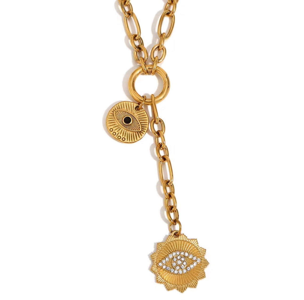 Star of David Eye Charm Link Necklace Gold